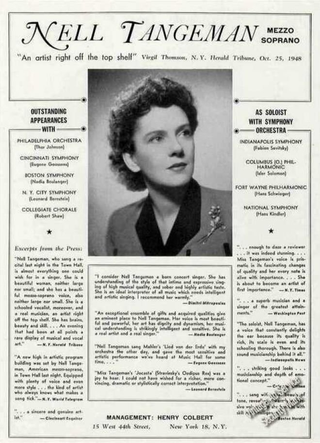 Nell Tangeman (1914-12-21 – 1965-02-15). Operatic mezzo-sopranos